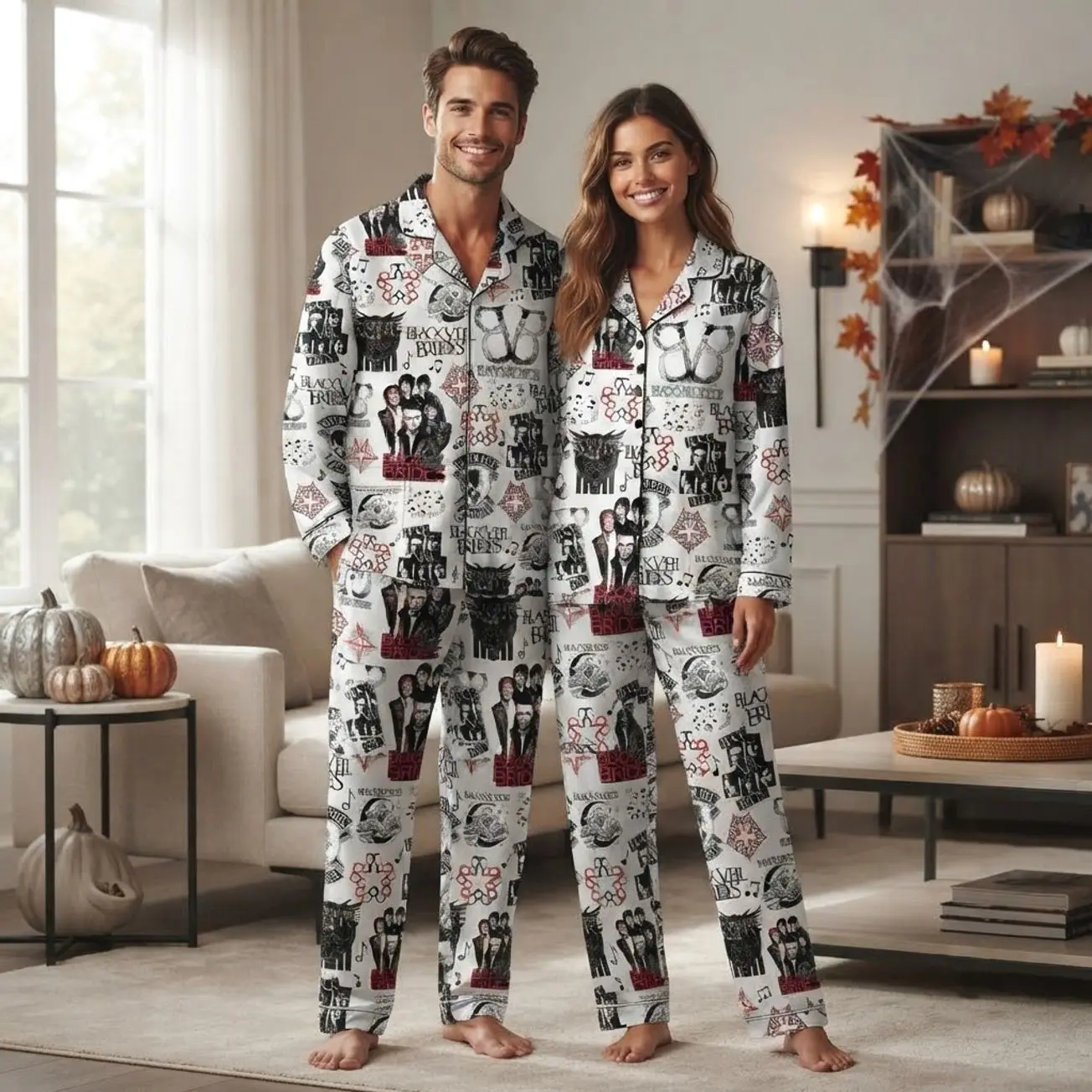 Spooky Halloween Band Graphic Matching Couple Pajamas Set