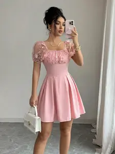 Elegant Women's Mesh Embroidered Patchwork Solid Fabric Waist-Cinch Dress, Womenswear, Stylish and Comfortable Design, Elegance, Perfect for Formal Wear and Special Occasions