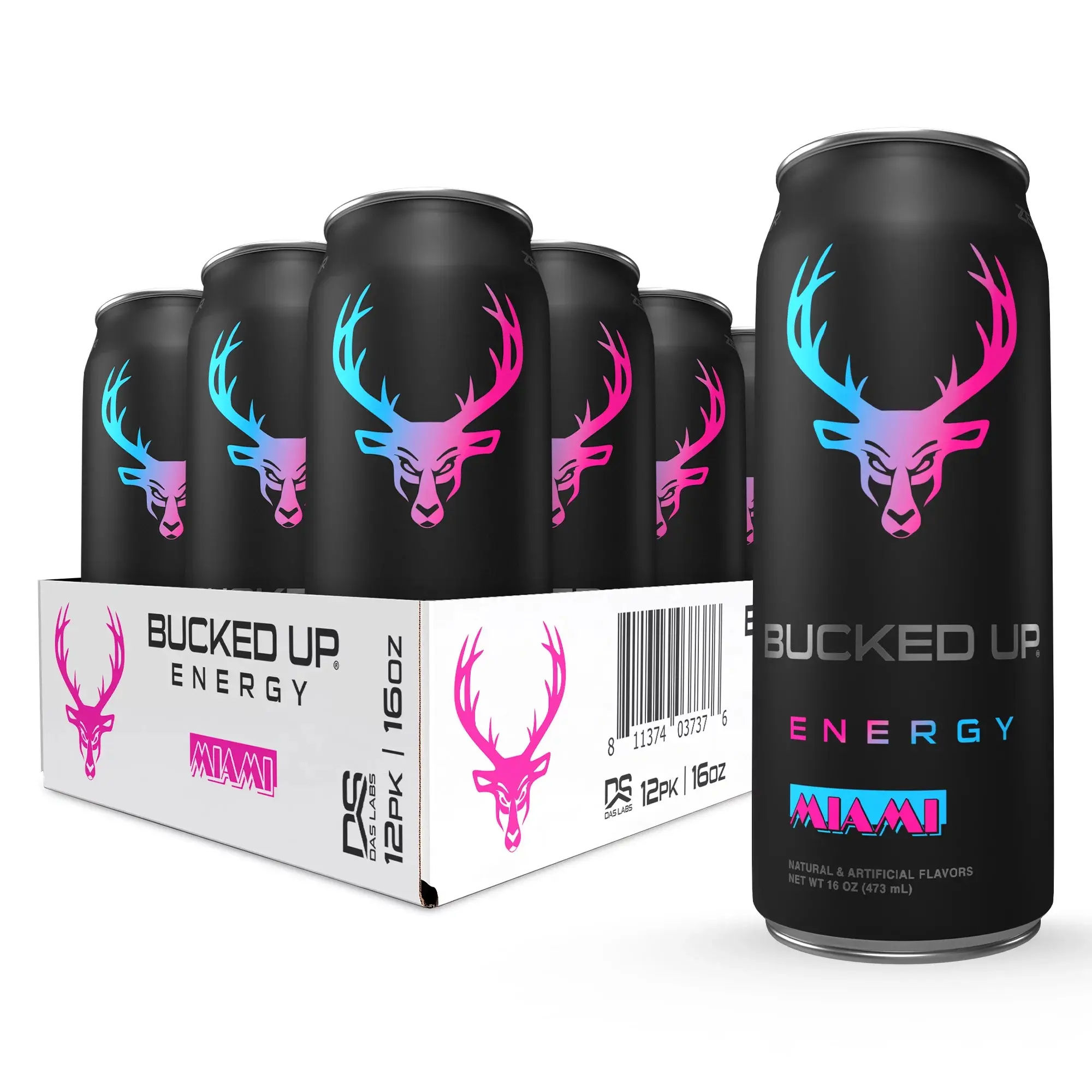 Bucked Up Caffeinated Sports Energy Drink - Miami  Flavor, Carbonated Water, Gluten-Free, 12-Pack (16 fl oz Each)