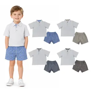Boys' Summer 2-Piece Outfit, White Cotton Top with Gingham Shorts, Kids' Fashion Suit Set