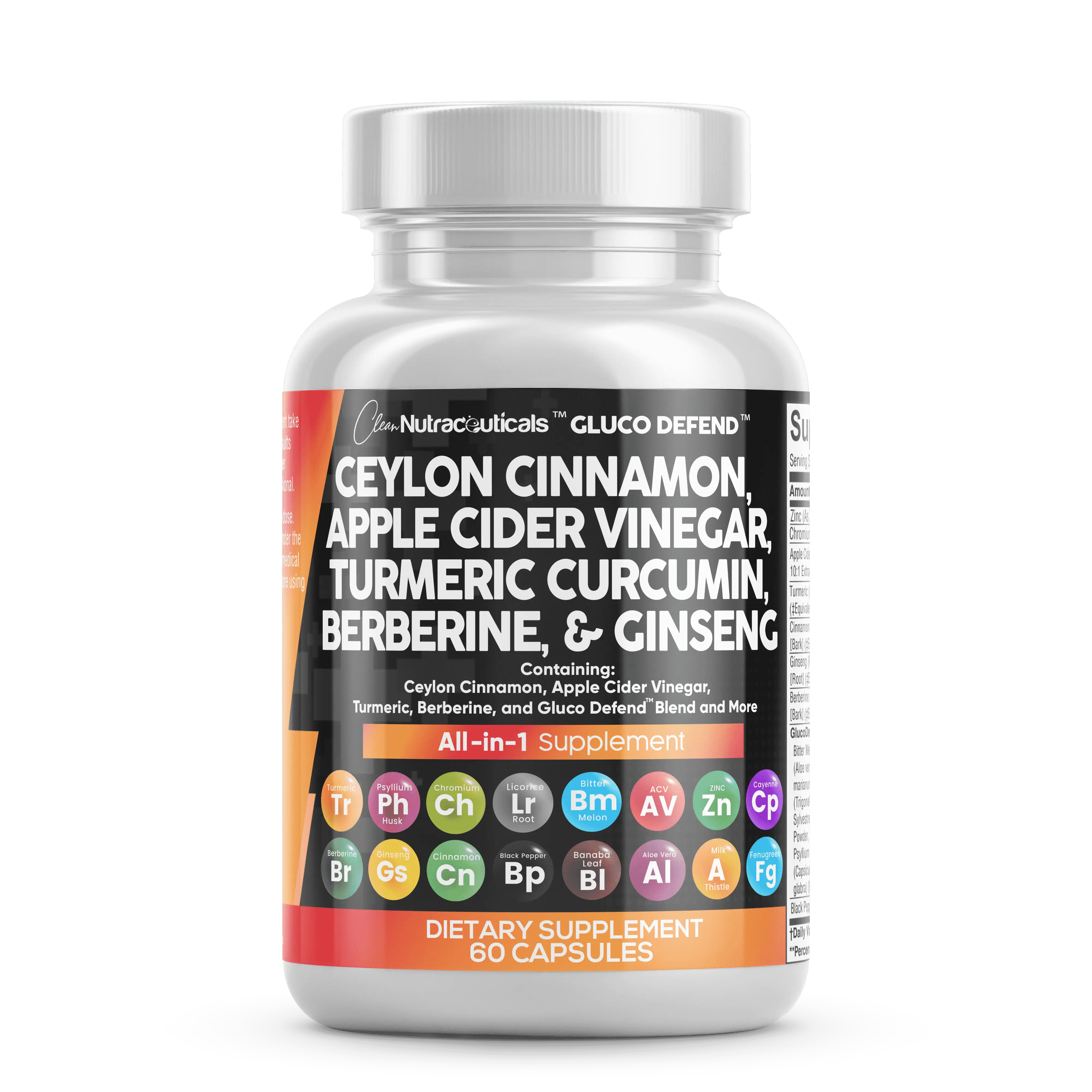 GlucoDefend Ceylon Cinnamon Apple Cider Vinegar Berberine ACV Turmeric Supplement Capsules Pills Clean Nutra