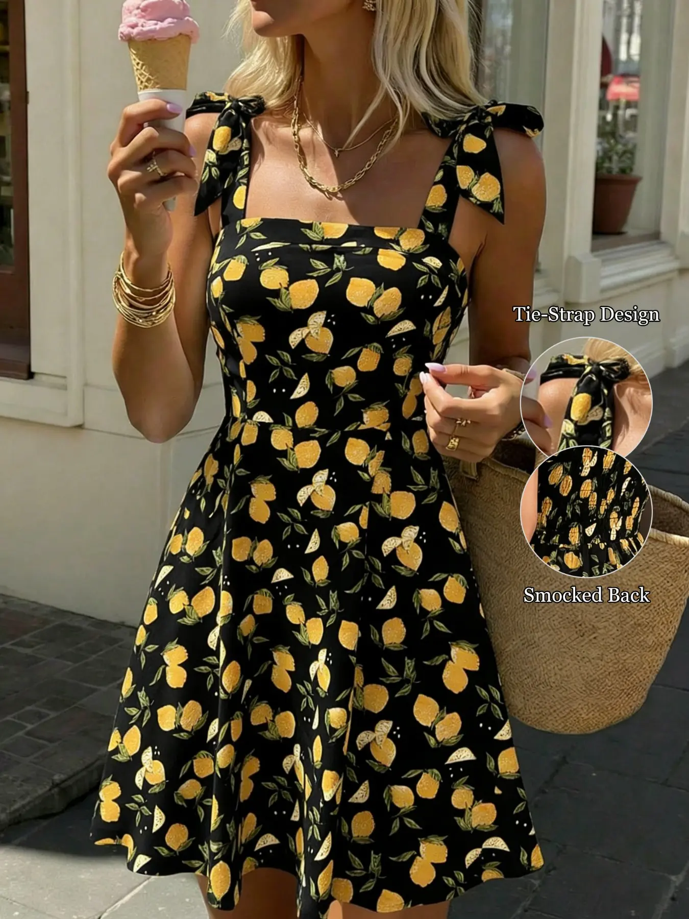 Lemon Print Tropical Mini Sundress  | Casual Cute Adjustable Sleeveless Tie-Shoulder Flowy A-Line Summer Dress  | Perfect for Vacation, Brunch & Beach | Smocked Back for Perfect Fit, Womenswear