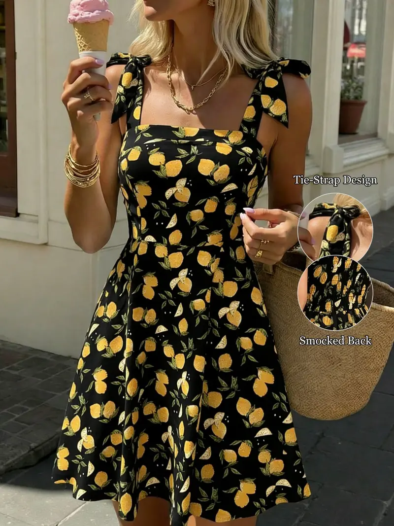 white christmas dresses Blue Lemon Print Cotton Midi Dress - All Dresses