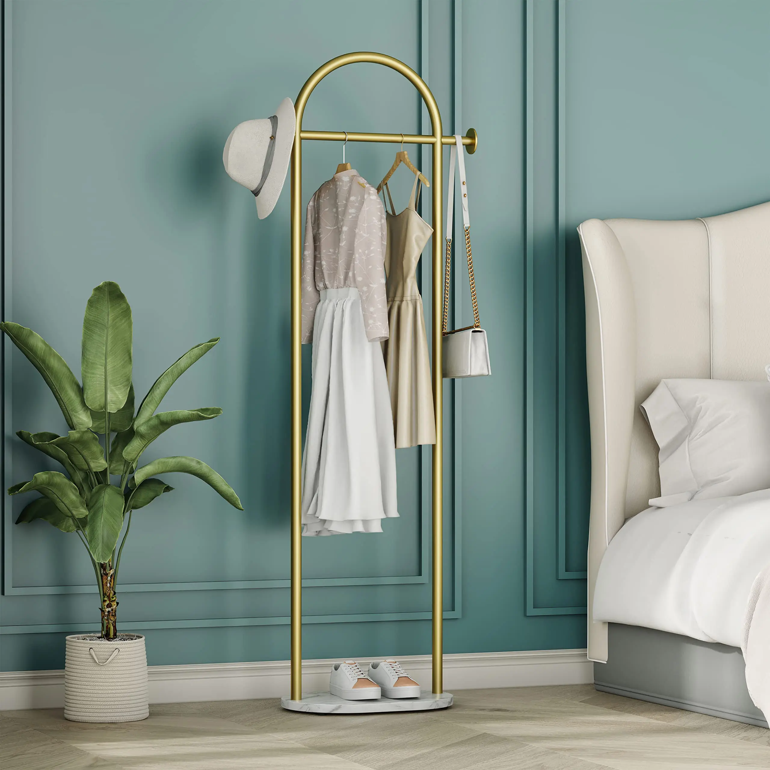 Golden Metal Freestanding Heavy-Duty Clothing Rack with Marble Base, Multipurpose Garment Hanger for Bedroom, Hats, Scarves, Jackets