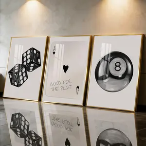 3Pcs Aluminum Alloy Framed Painting, Black Dice Ace Of Hearts And Eight Ball Picture, Home Decoration For Living Room, Bedroom, Office, Restaurant, Hallway Wall Decor, Odorless Print Artwork, Luxury Perfect Gift For Friends And Family