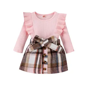 Toddler Baby Girl Clothes Long Sleeve Knit Ribbed Sweatshirt Tops+Plaids Belt Mini Skirt Fall Winter Outfits
