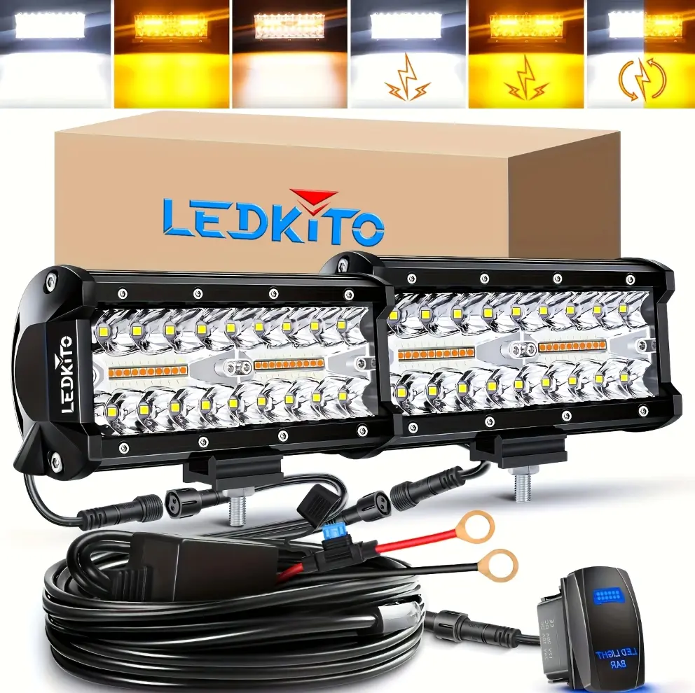 LEDKITO 7-in Triple LED Light Bar, White & Amber 6-Mode Waterproof Aluminum Alloy DC 9-32V Kit Set with Wiring Harness, Mounting Brackets, Spot-Flood Combo Beam for Off-Road Truck, Car Accessories, Industrial Bars & Work Lights