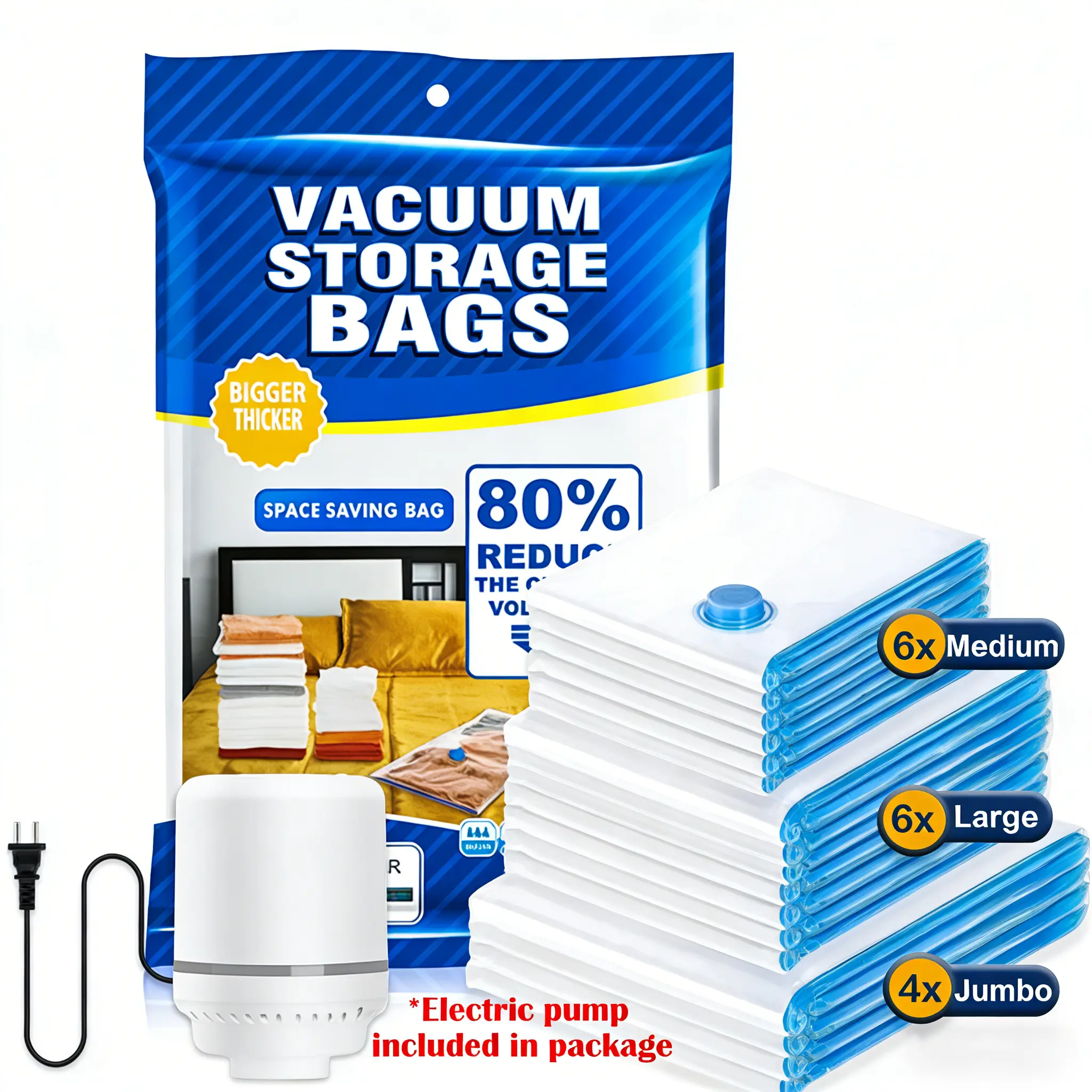 Travel Vacuum Bag Set - 6-piece and 12-piece vacuum storage bags with electric pump, space-saving bags for compressing quilts and blankets, sealing clothes storage, travel essentials