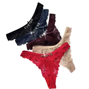 Women Personalized Name Thong - Customized Thong with Silver or Gold Rhinestone Letters - Lace Panties, custom distintive Lingerie Gift for her sexy breathable
