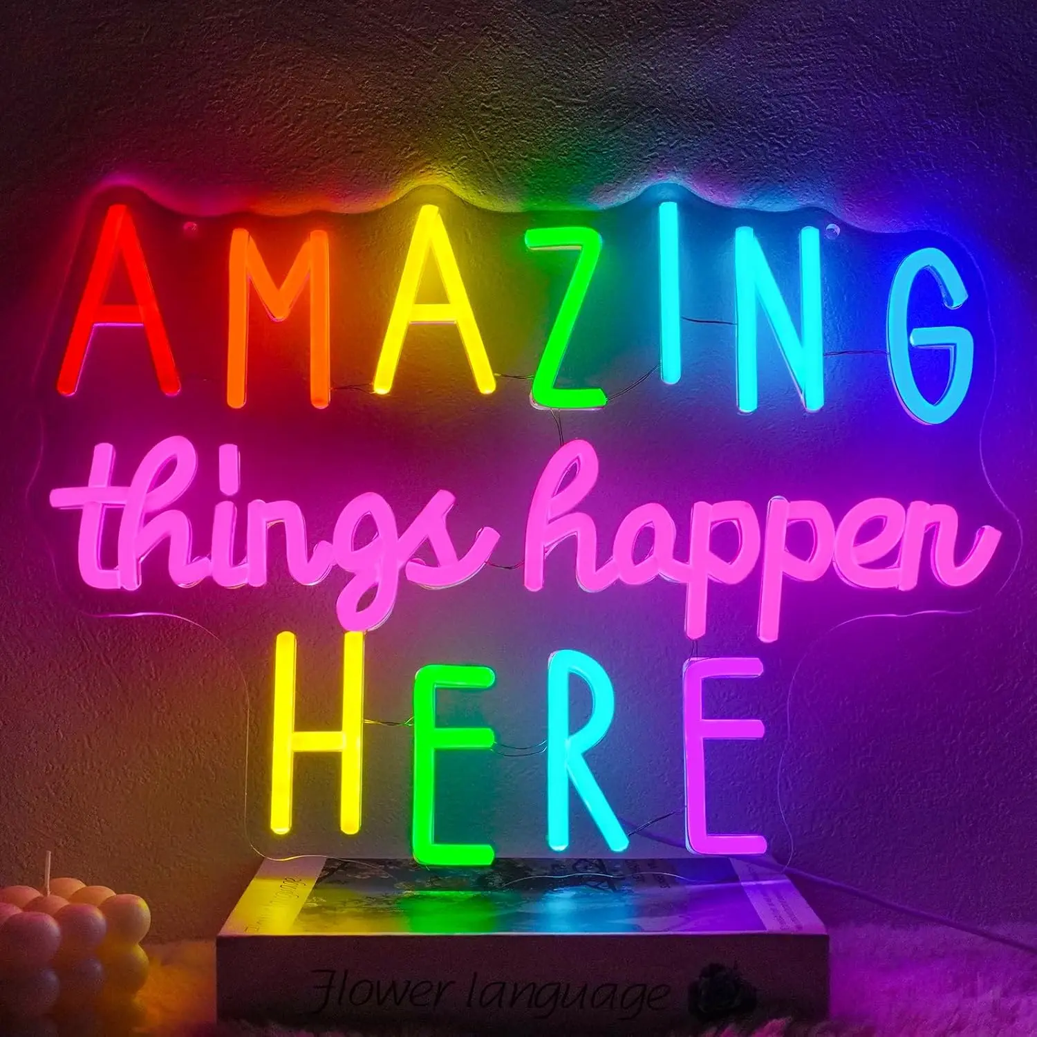 Amazing Things Happen Here Neon Sign Positive Letters Neon Light Sign for Wall Decor Colorful Led Sign for Bedroom Cafe Bar Classroom Party Decor Birthday Gift 16.5" x 12"