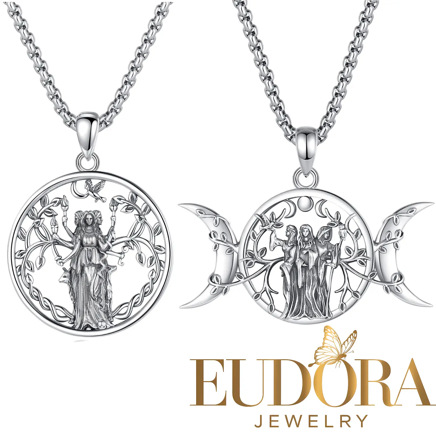 EUDORA 925 Sterling Silver Hecate Amulet Triple Moon Goddess Pendant, Divine Protection Entwined Tree of Life Necklace, Ritual Hekate Jewelry For Her