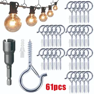61pcs/set Outdoor windproof Heavy screw hook, easy to release Q-shaped hook, suitable for hanging Christmas lights, potted plants, ceiling hooks, including hexagonal wrench, Valentine's Day/Ramadan/Christmas decoration hook