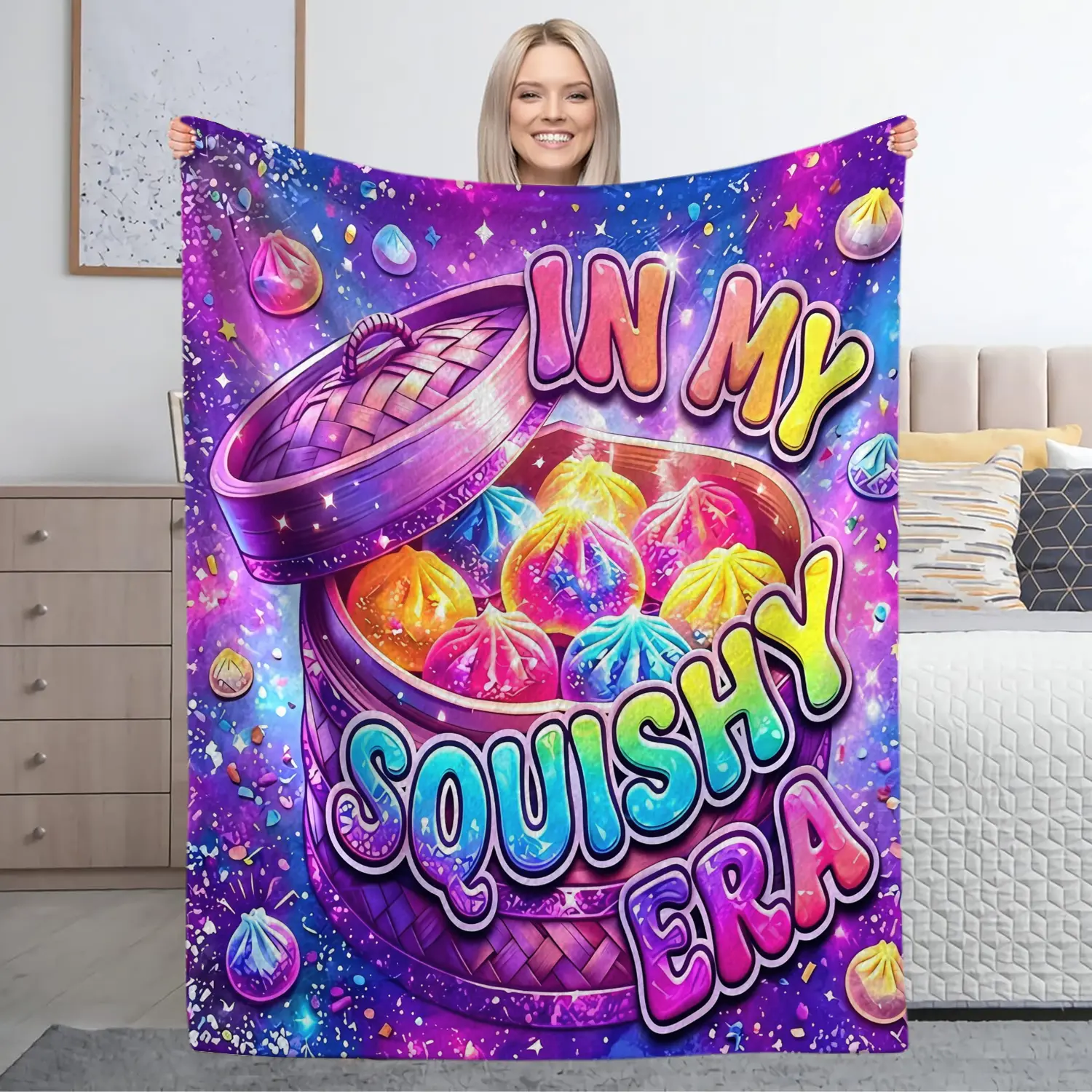 Purple Glitter Dreamy Starry Sky Colorful Steamed Bun Flannel Blanket with Internet-Famous Trendy Slogan "In My Squishy Era" and Dazzling Soup Dumpling Print, a Soft Throw Blanket Perfect for Sofas,, Offices, Dorms, and Camping - A Gift Blanket