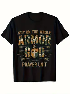 Men's Christian Armor of God T-Shirt - Ephesians 6:10-18 Verse Print Camouflage Religious Design with Prayer Casual Fit Round Neck Short Sleeve Soft Breathable Faith Apparel Suitable for Church Daily Wear & Religious Events