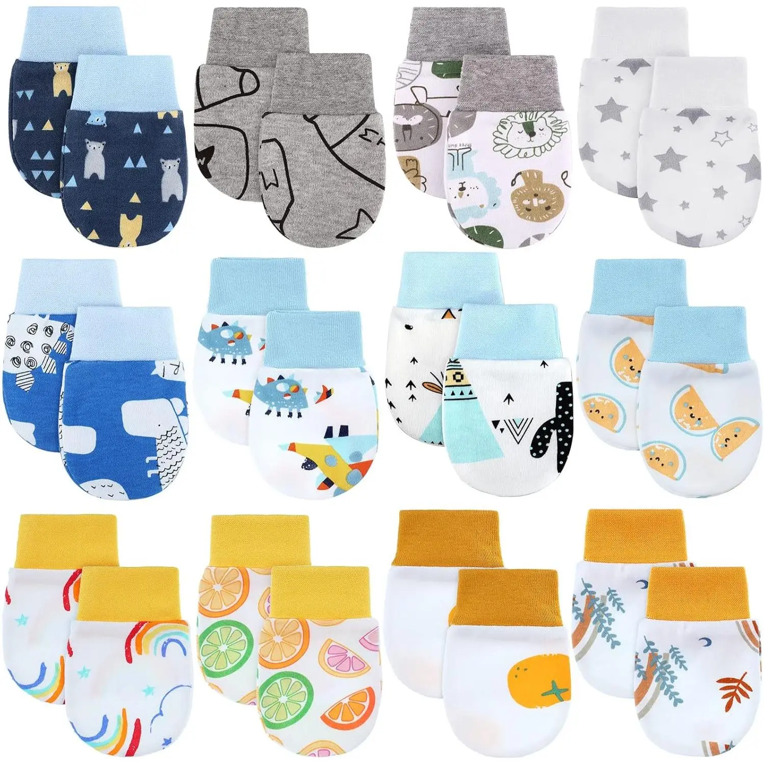 Unisex Newborn Cotton Mittens (12 Pairs) - Soft, Breathable, Anti-Scratch, Durable, Light, Flexible Wrists, Easy On/Off, Cartoon Prints, Assorted Designs for 0-6 Months Infants, Ideal for Baby Shower