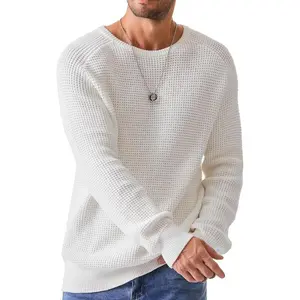 Men’s crewneck pullover waffle-knit sweater, casual loose fit, ribbed edge