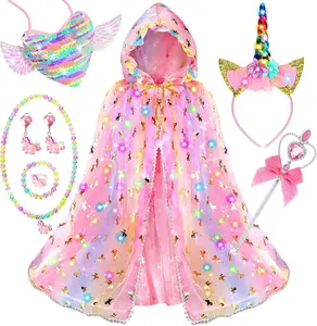 Princess Dress up for Girls,Unicorn Light up Princess Cape Set,Light up Princess Dress with Unicorn Toys for Girls 3-8
