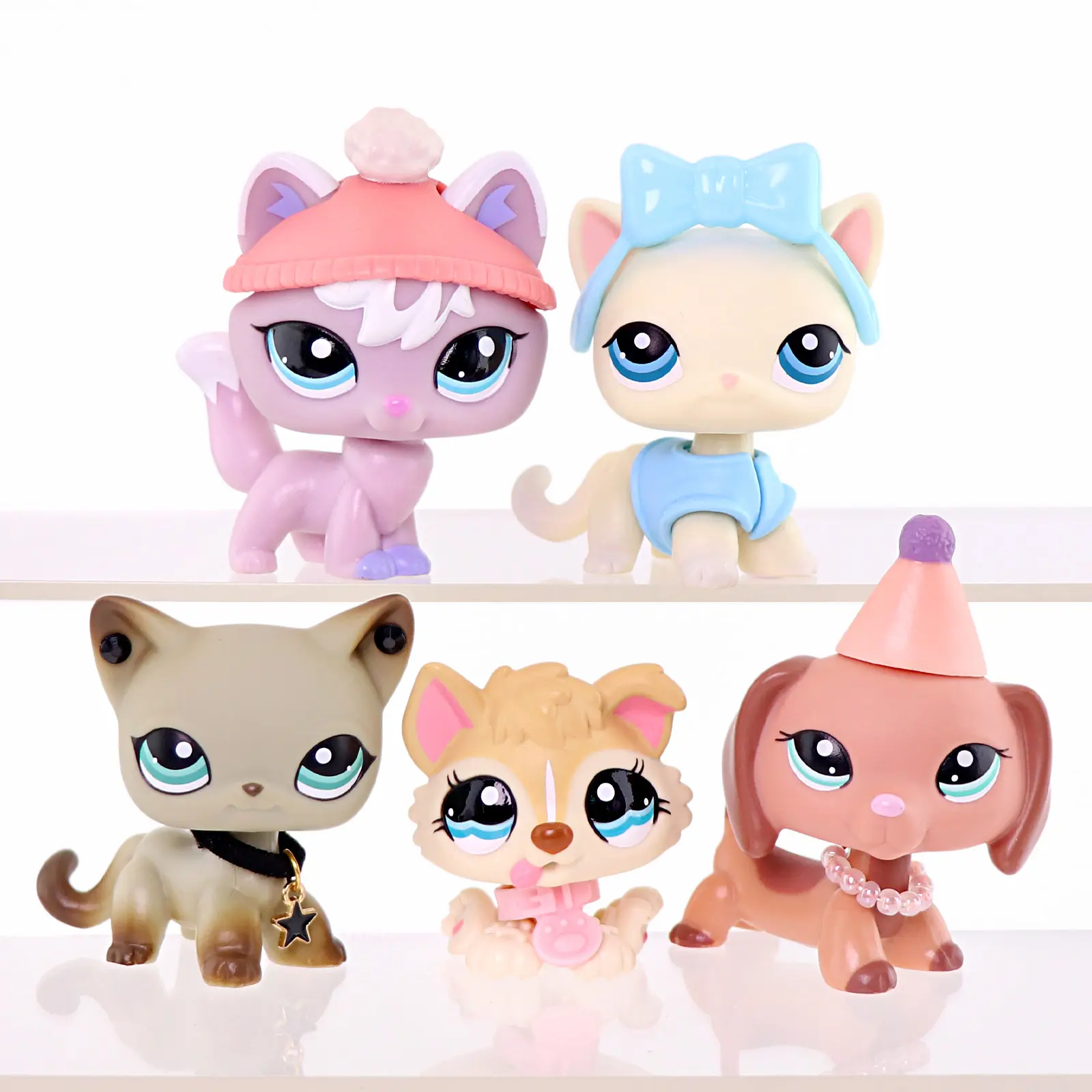 5 Pcs Mini Animal Figurine Set - Cat, Puppy, Dachshund Figures with Party Hat, Bow, Knit Hat Accessories, Star-Eye Shelf Desktop Collectible Decor Toy Gift