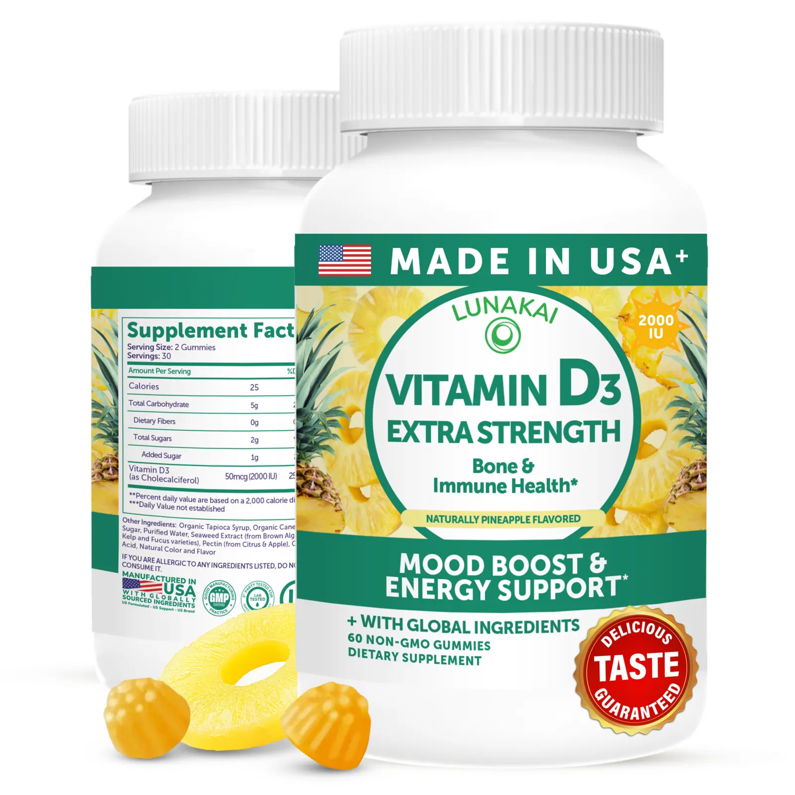Lunakai USA Made Vitamin D3 Gummies 2000 IU - Non-GMO, Gluten-Free Vitamin D Gummies for Women & Men - Bone, Immune & Energy Support, 60ct