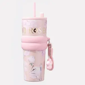 24oz Stainless Steel Insulated Water Bottle with Lid & Straw, Leak-Proof Cold Hot Travel Mug, Insulated Vacuum Flask, Reusable Coffee Cup for Women, Cherry Color