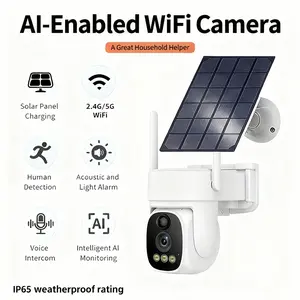 Solar-powered no-drill camera, automatic tracking, high-definition night vision, IP65 waterproof, smart app, two-way talk, human recognition, scheduled recording, multi-device viewing, dual storage