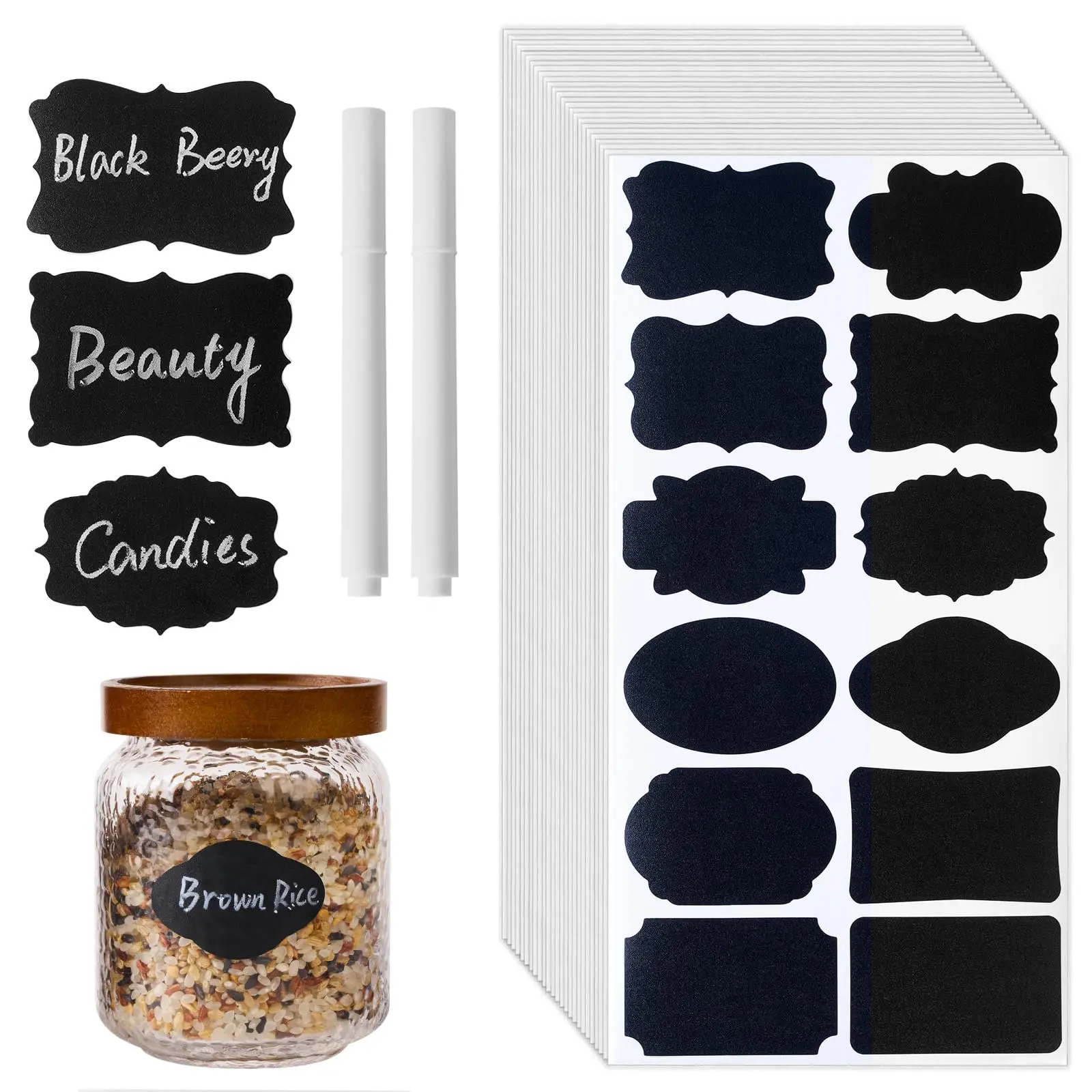 Reusable Chalkboard Labels (360Pcs, 2.1x1.4in) - 12 Assorted Shapes Stick On Labels & Stickers, Blackboard Stickers with 2 White Erasable Chalk Markers, Smooth Matte Surface, Smudge-Resistant for Mason Jars, Food Containers