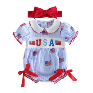 Afunbaby 4th Of July Baby Girl Outfits Flag Embroidery Doll Collar Smocked Bubble Romper Short Sleeve Plaid Bodysuits