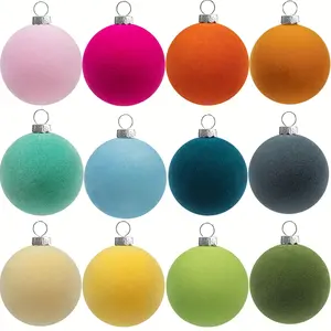 12pcs Velvet Christmas Ornaments, 2.4 Inch Colorful Flocked Plastic Balls, DIY Tree, Wreath, Home Decor, Soft Pastel & Vibrant Colors