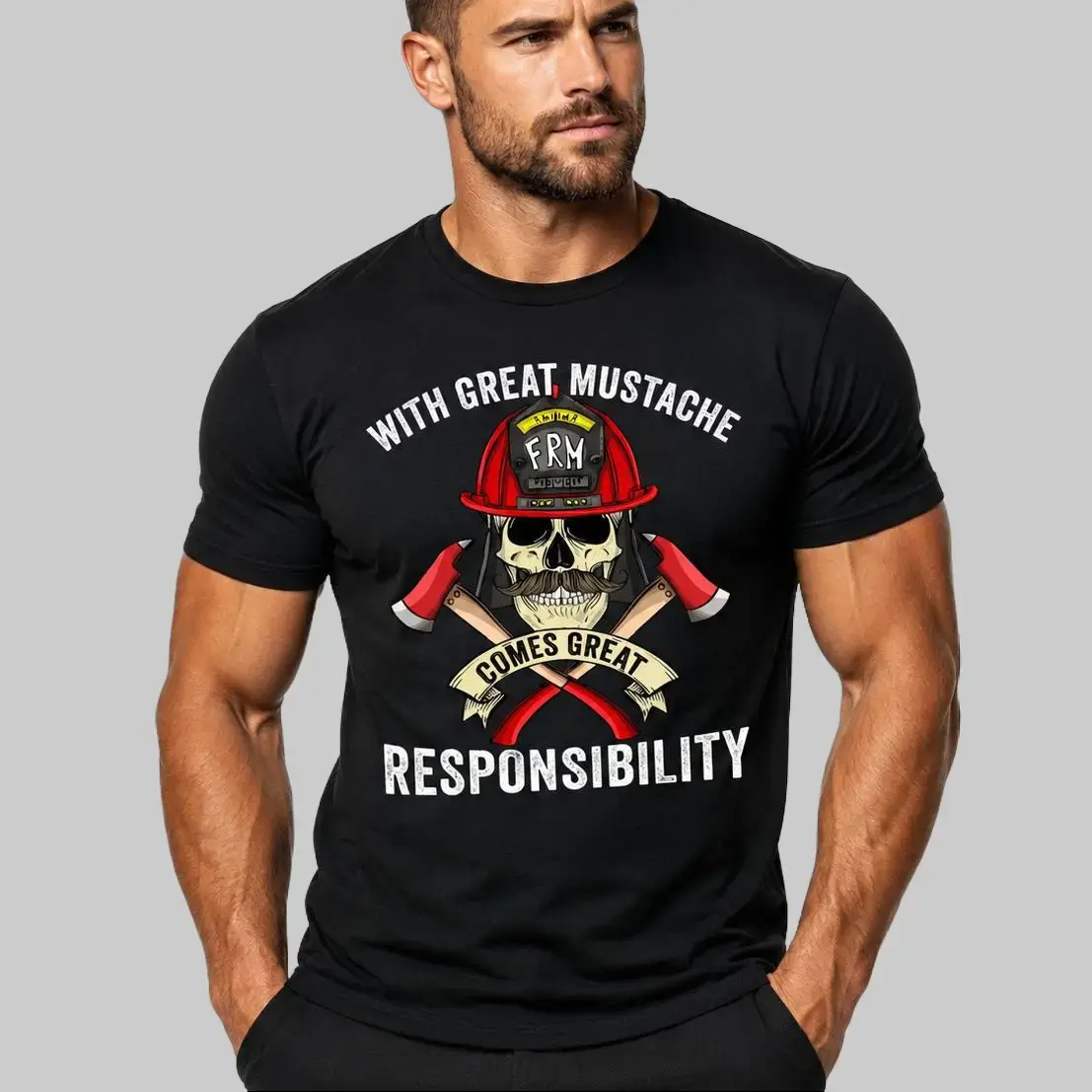 With Great Mustache Comes Great Responsibility T-Shirt, Fireman Skull Graphic Tee, Funny Firefighter Shirt, Fire Department Gift Apparel