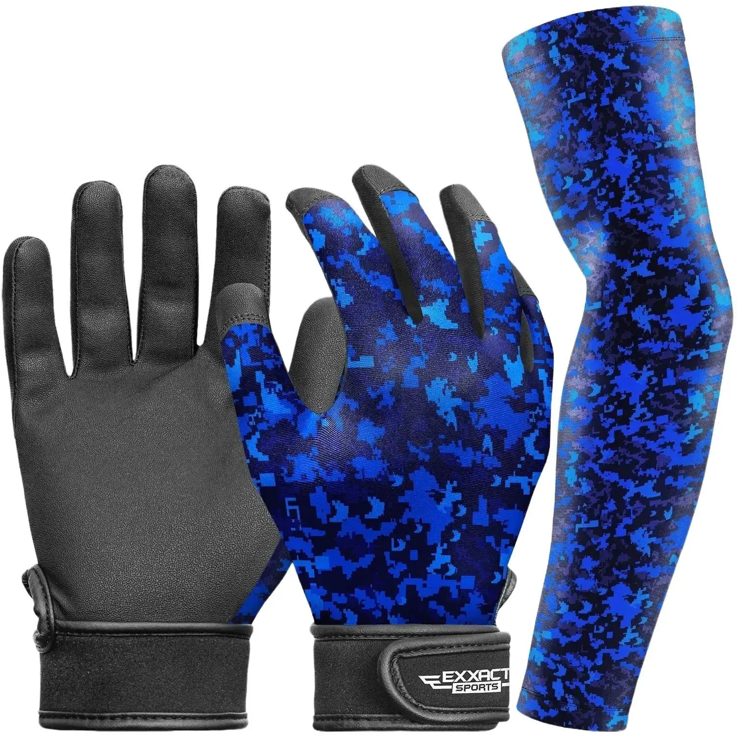 Exxact Sports Youth Batting Gloves - Blue Camo, Leather Palm for Superior Grip, Fade Resistant, Double Stitched, Baseball-Softball Equipment with Free Compression Arm Sleeve & Bat Grip Aid, Sturdy, Bat Grip Aid Batting Gloves