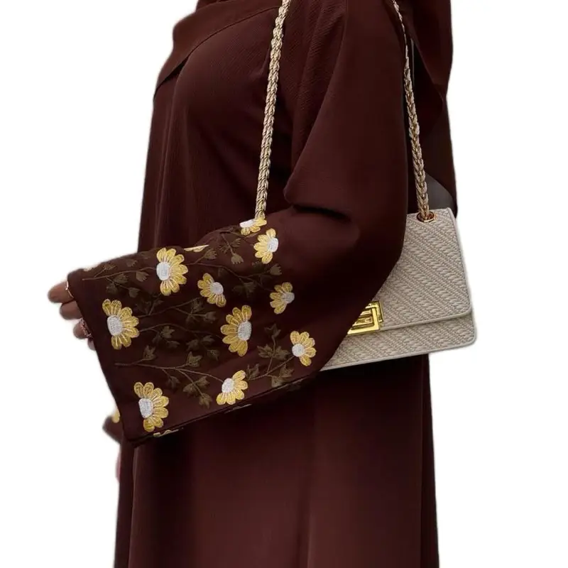 Dubai Abaya with Floral Embroidery and Gold Accents - Fashionable Women's Wear