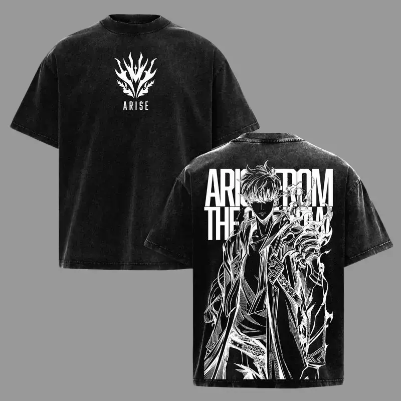 Sung Jin Woo - Shadow Monarch Washed Oversized Tee & Tank Top, Solo Leveling Graphic Vintage Tee, Heavyweight Cotton Oversized Streetwear, Unisex Anime Merch Clothing, Double Printed Premium Fabric Top Crewneck Tshirt
