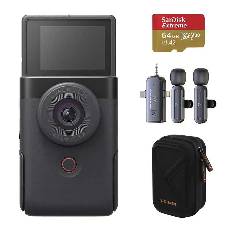 Canon PowerShot V10 Portable Vertical Movie Vlog Camera (Black) with Audio Recording, Button Controls, Lens, 64GB UHS-I U3 microSD Card (SD Adapter), 3-In-1 Wireless Lavalier Mic, Compact Case, Tripod, USB Support – Content Creator Point & Shoot Bundle