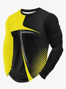 Men's Casual Sporty Long Sleeve Shirt, Bright & Geometric Design, Breathable Polyester Fabric, Round Neck, Athletic Top, Athleisure Breathable Clothes