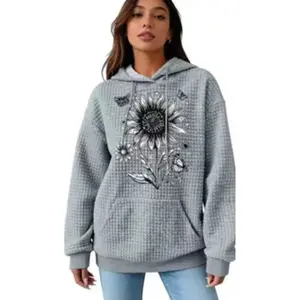 Plus Size Women's Casual Hoodie with Sunflower & Butterfly Print Waffle Pullover Kangaroo Pocket Long Sleeve Fall/Winter Collection Floral Print Waffle Fabric Sweater Hoodie long sleeve tops women clothes for women vintage sweatshirts jacket for women