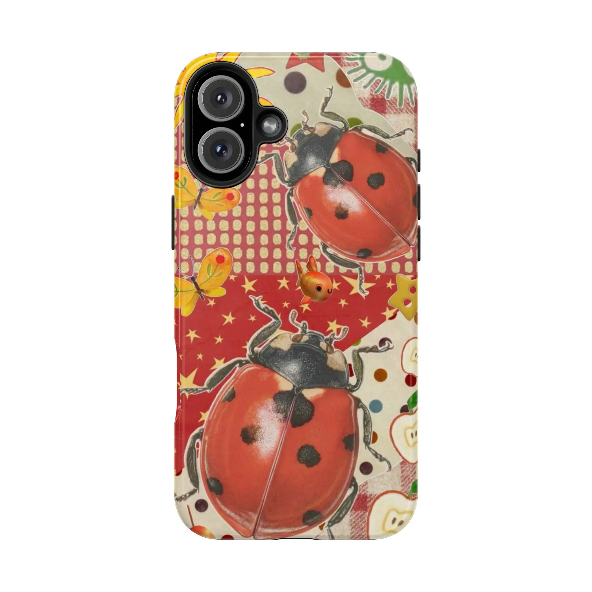 Phone Case Compatible with MagSafe, Retro & Ladybug Phone Case Japanese Cute Aesthetic – Whimsical Fruit Collage Art, Vintage Kawaii Japan Style Phone Cover for iPhone 17 16 15 14 13 12 11 Pro Max & Samsung Galaxy S21–S25, Gift for Her & Him