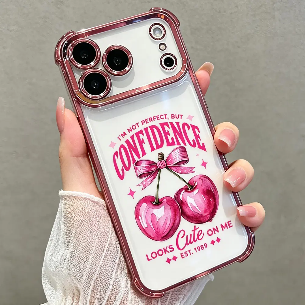 Pink Cherry Bow Confidence Quote Phone Case for iPhone 17/16/15/14/13/12/11 Pro Max Plus Air, Clear Pink TPU Soft Cover, Trendy Aesthetic Anti-Scratch Case with 4-Corner Airbag & Camera Protection, Gift Idea DDSJ260706001