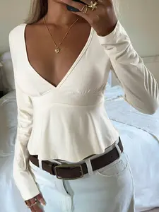 Women's Sexy V Neck Knit Long Sleeve T-Shirt, Summer Plain Pattern, Moderate Fabric Thickness, Slim Fit Fitted Casual Top, Knitwear