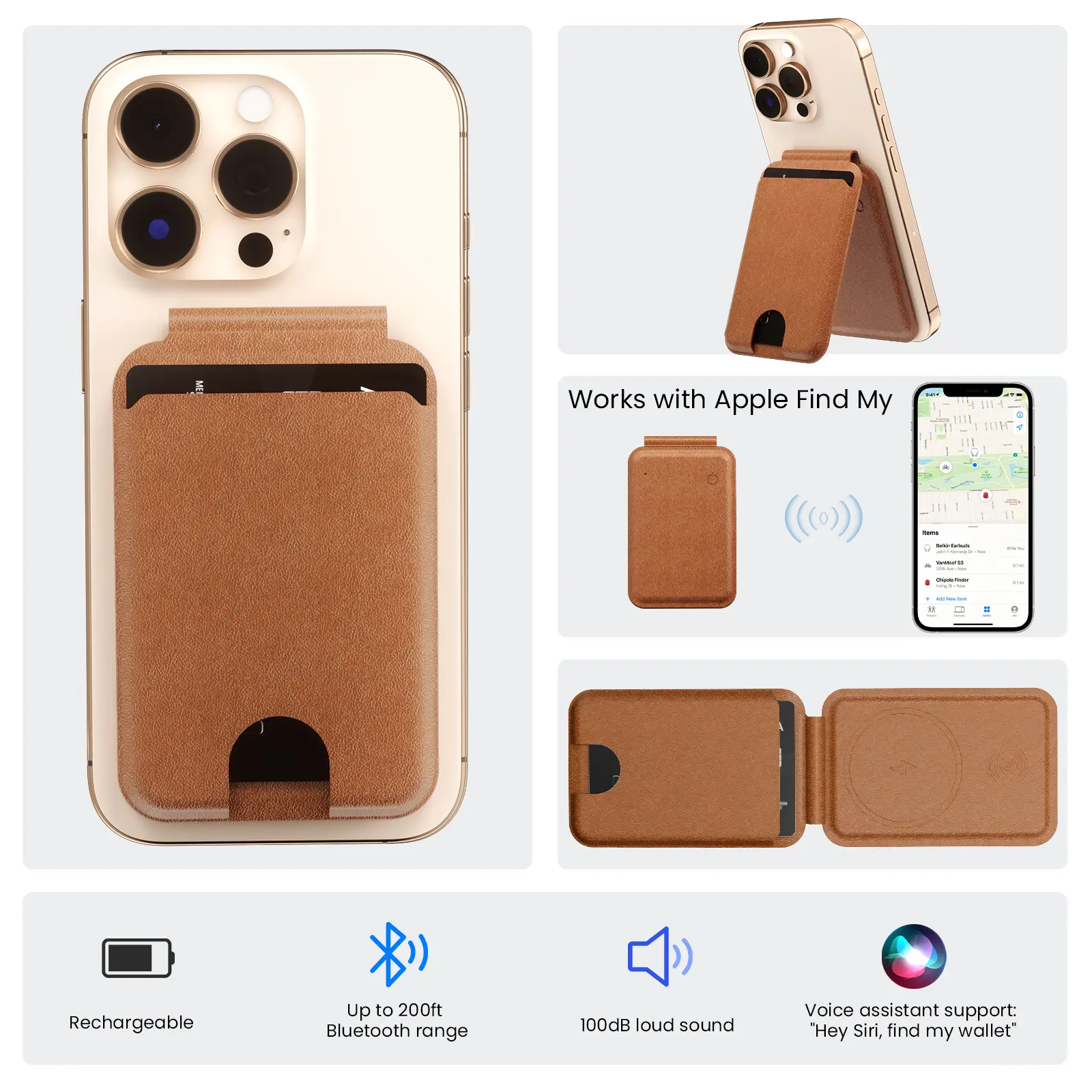 Funmiu MagTrack Wallet Stand - Magnetic Phone Grip, Wireless Charging, Anti-Theft Alarm, Adjustable Mount, Find My Feature, 3-Card Holder for iPhone 16/15/14/13 Smartphone Accessories, Cellphone