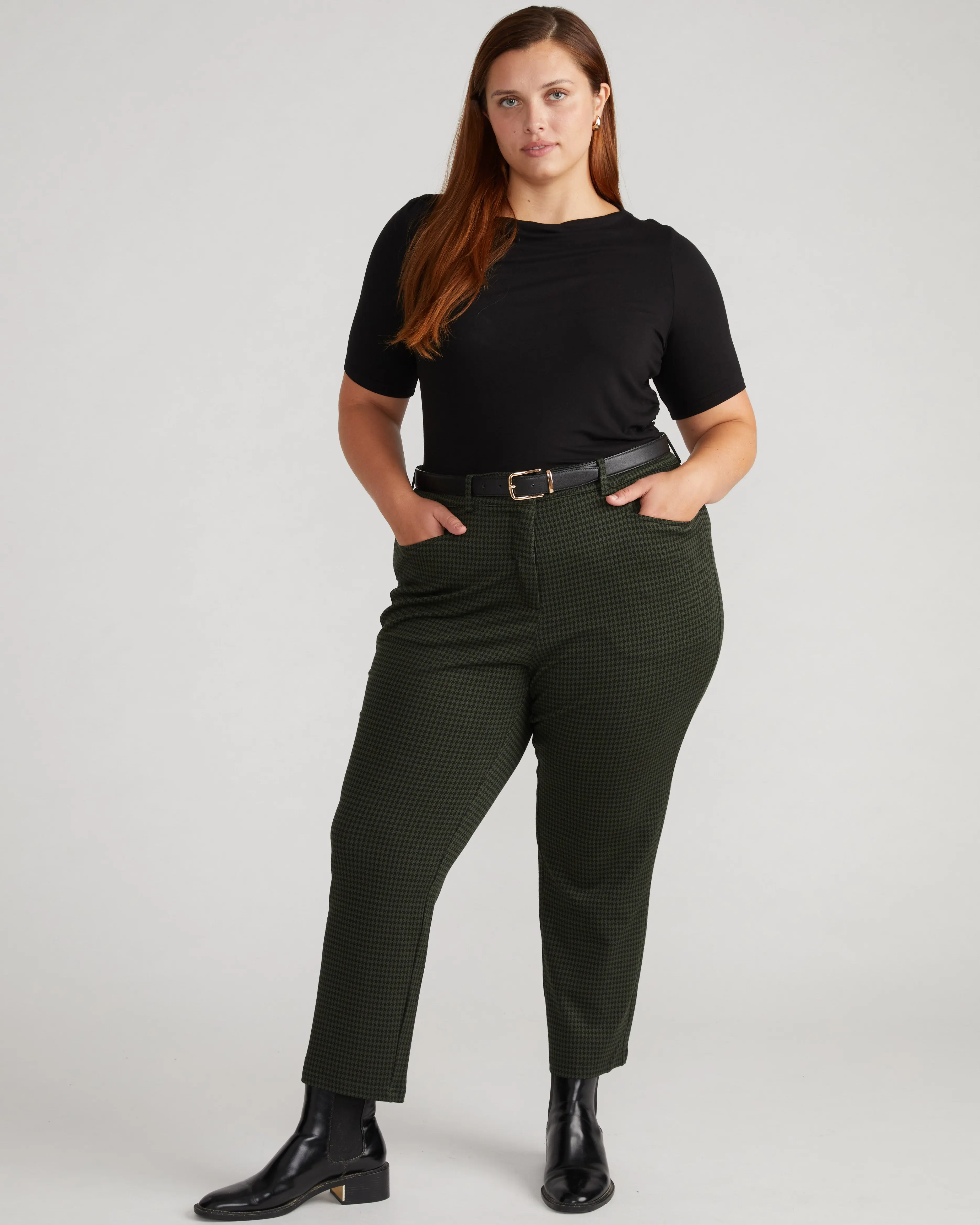 Women's Classic Forest Houndstooth Fitted Cigarette Ponte Hemmed Flattering Pants - Ankle-Length Rayon-Nylon Blend, Basic Minimalist Leg-Focused Comfortable Business Casual Bottoms for Work (Pair with Sweaters)