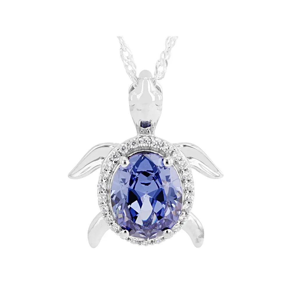 JTV Rhodium-Plated Sterling Silver Turtle Shape Pendant, Blue and White Cubic Zirconia, 3.70ctw Artificial Gemstone Jewelry Accessory