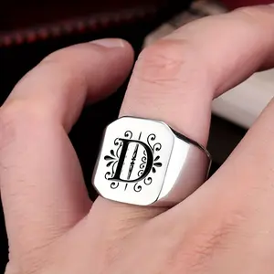 [Vintage Stainless Steel Ring] 1pc Vintage Stainless Steel Letter Ring A-Z (26 Letters) |   Ornate Monogram Design, Durable Unplated Finish, Everyday Jewelry for Men, Gift for Him, Year-Round Wear, Accessory, Floral Motif Accessory, Classic Style, Highqua