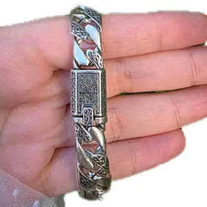 12MM Real Solid 925 Sterling Silver Miami Cuban Link Chain Men Bracelet Retro 20 cm /7.8 in.