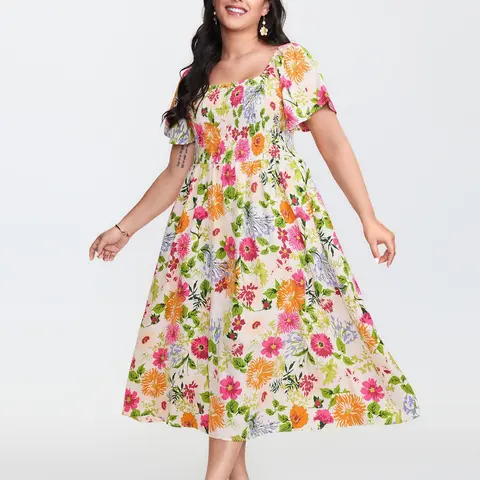 BloomChic Plus Size Women's Bohemian Boho Fashion Casual Dress - Square Neck, Short Ruffle Sleeves, Shirred Waist, Low-Iron Spandex-Elastane-Polyester Fabric, Summer Midi Dress