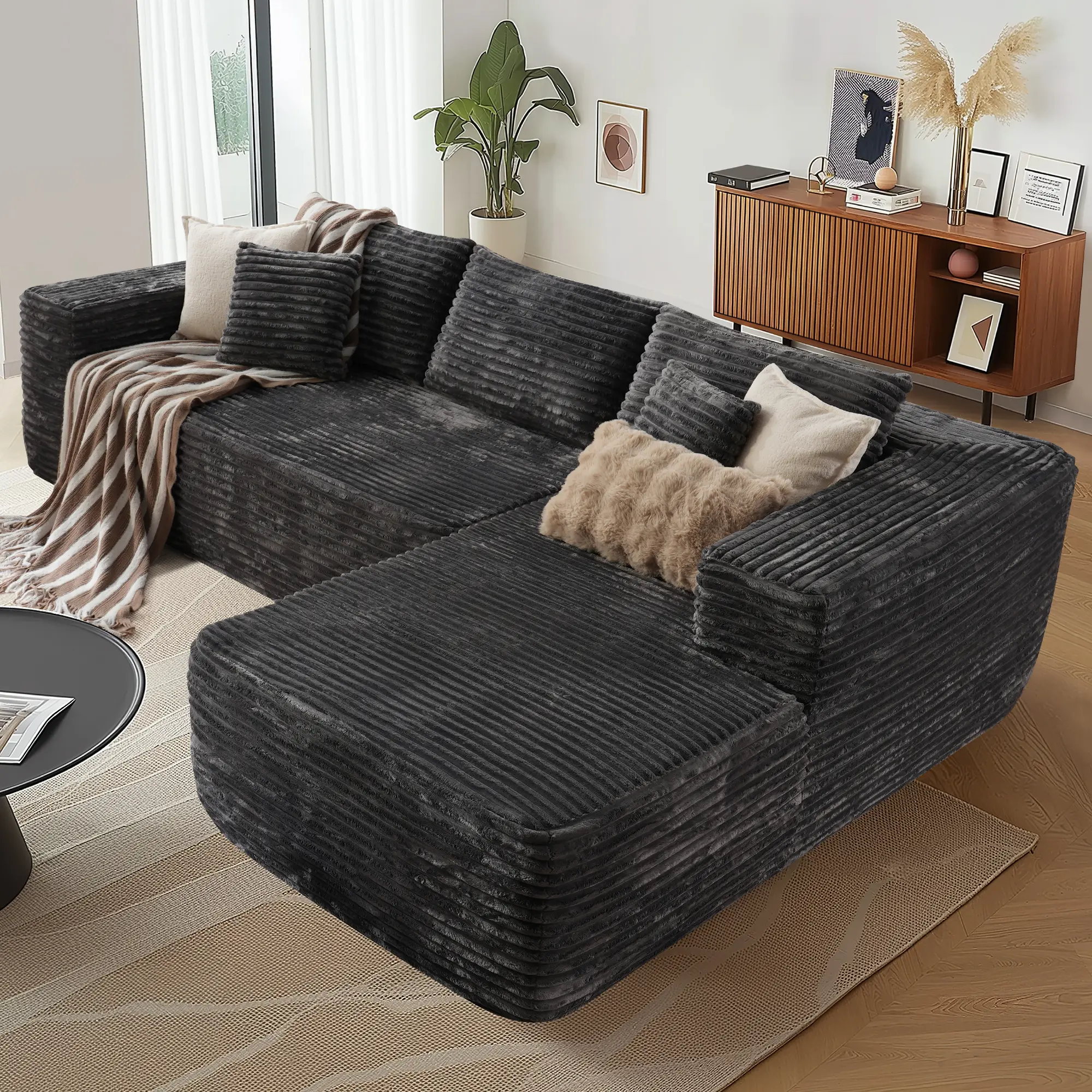 Grey Plush Corduroy Right Chaise