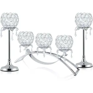 Set of 3 Gold Crystal Tea Light Candlestick Holders Flower Shape with Crystal Pendant Bowl Votive Metal Candle Holder for Table Centerpieces Wedding Home Decor (Set of 3, Silver)
