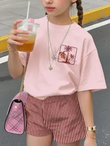 Teen Girls Summer Colorblock Striped Set, Casual Print Round Neck Short Sleeve T-Shirt and Shorts Two-Piece Casual Fashion Set