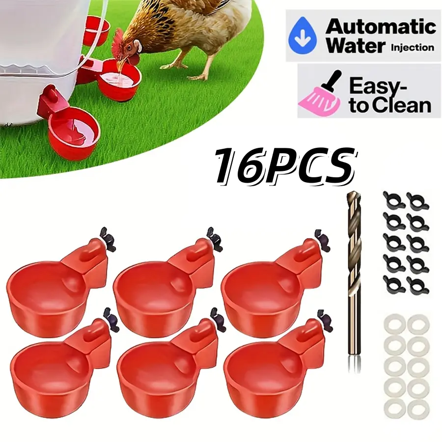 16PCS Automatic Chicken Waterer Cups, Poultry Water Feeder Bowls with 2 Drill Bits, No-Leak Watering Cups for Chickens, Ducks, Birds & Small Pets, Livestock Water Dispenser Kit