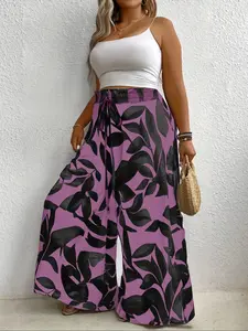 Fashion Plus Size Casual Elegance Plant Leaf Print Wide Leg Pants, Loose Fit Skirt Pants for Women, Blue, Bottoms