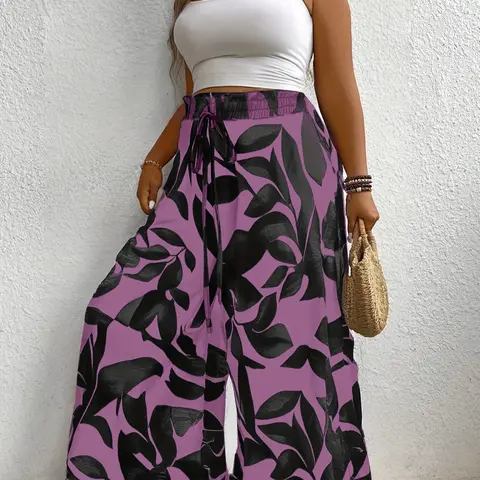 Fashion Plus Size Casual Elastic Waisted Boho Bohemian Elegance Plant Leaf Print Wide Leg Pants, Loose Fit Skirt Pants for Women, Blue, Bottoms, Casual Summer Bottoms, Boho Elastic Pants, Casual Trousers